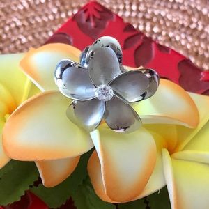 Hawaiian Plumeria Ring Silver 925 Large With Rhinestone Size 9.5